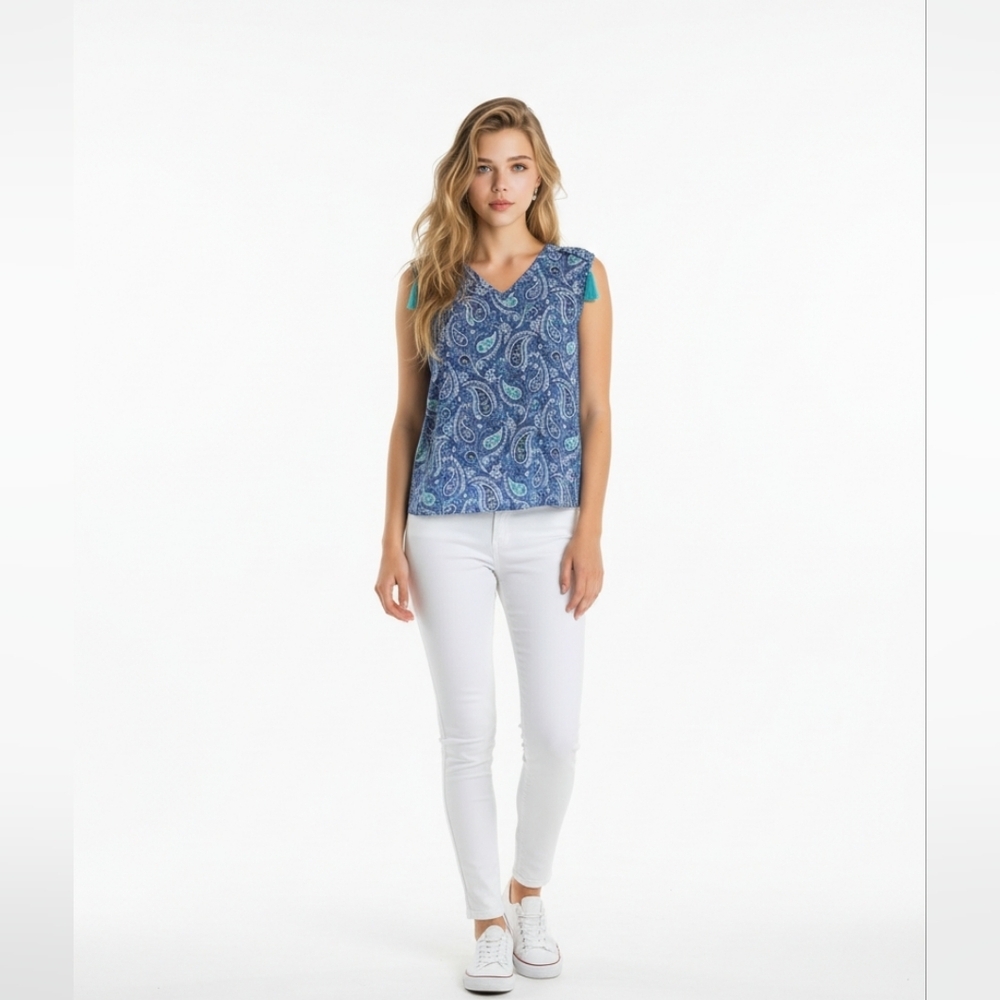 NWT Amana LG Blue and White Paisley Top With Tassels